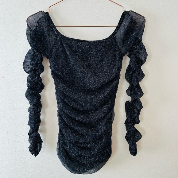 Forever 21 black silver long sleeve off-the-shoulder ruched mesh blouse top - Picture 5 of 7